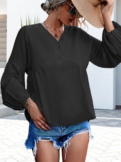 V-Neck Buttoned Balloon Sleeve Blouse