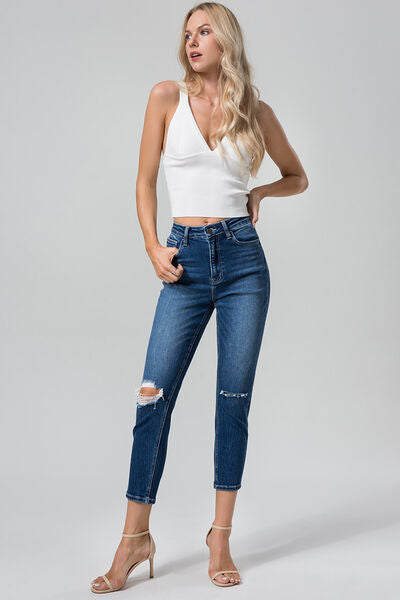 BAYEAS Full Size High Waist Distressed Washed Cropped Mom Jeans