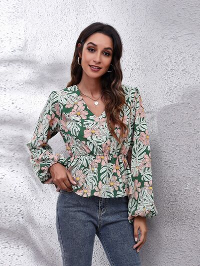 Floral V-Neck Balloon Sleeve Peplum Blouse