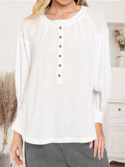 Waffle Knit Half Button Raw Hem Blouse