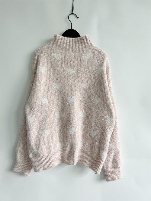 Heart Heathered Turtleneck Drop Shoulder Sweater